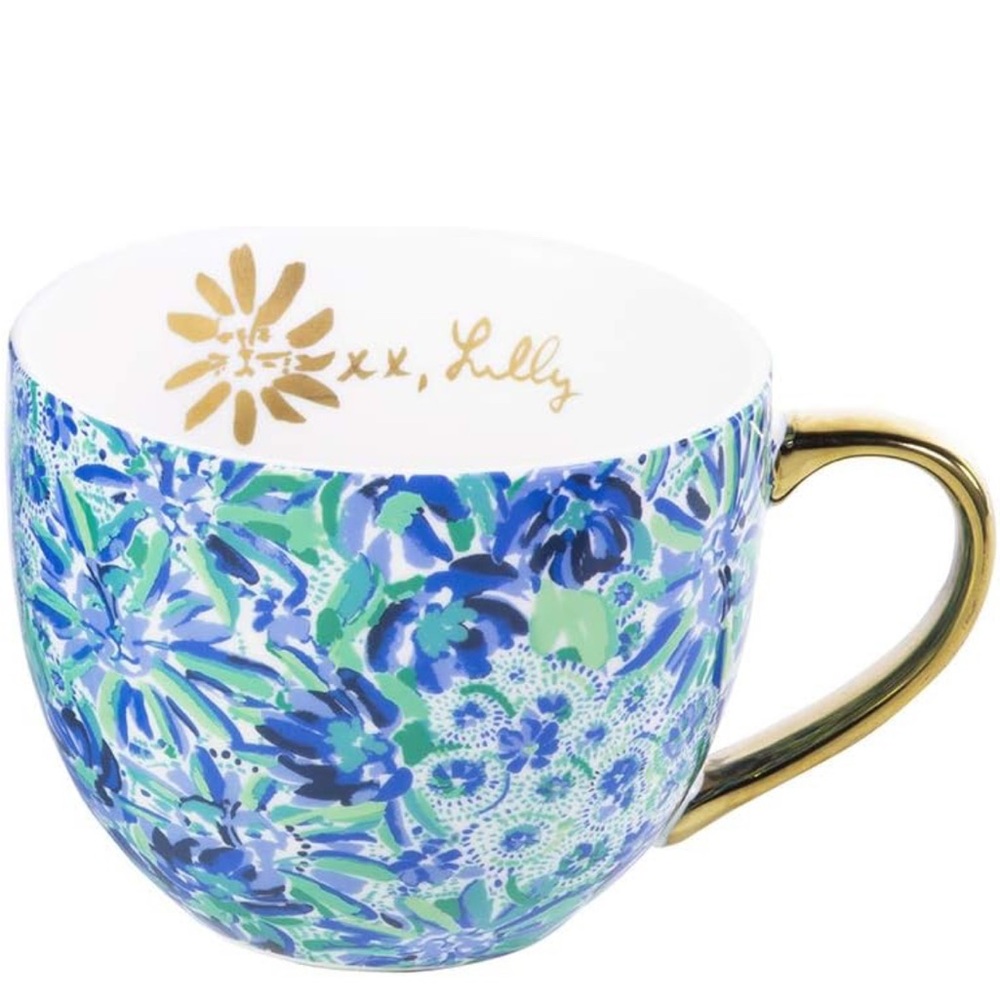 Lilly Pulitzer Floral Coffee Mug Tea Cup Gold Handle High Manetenance Print 12oz